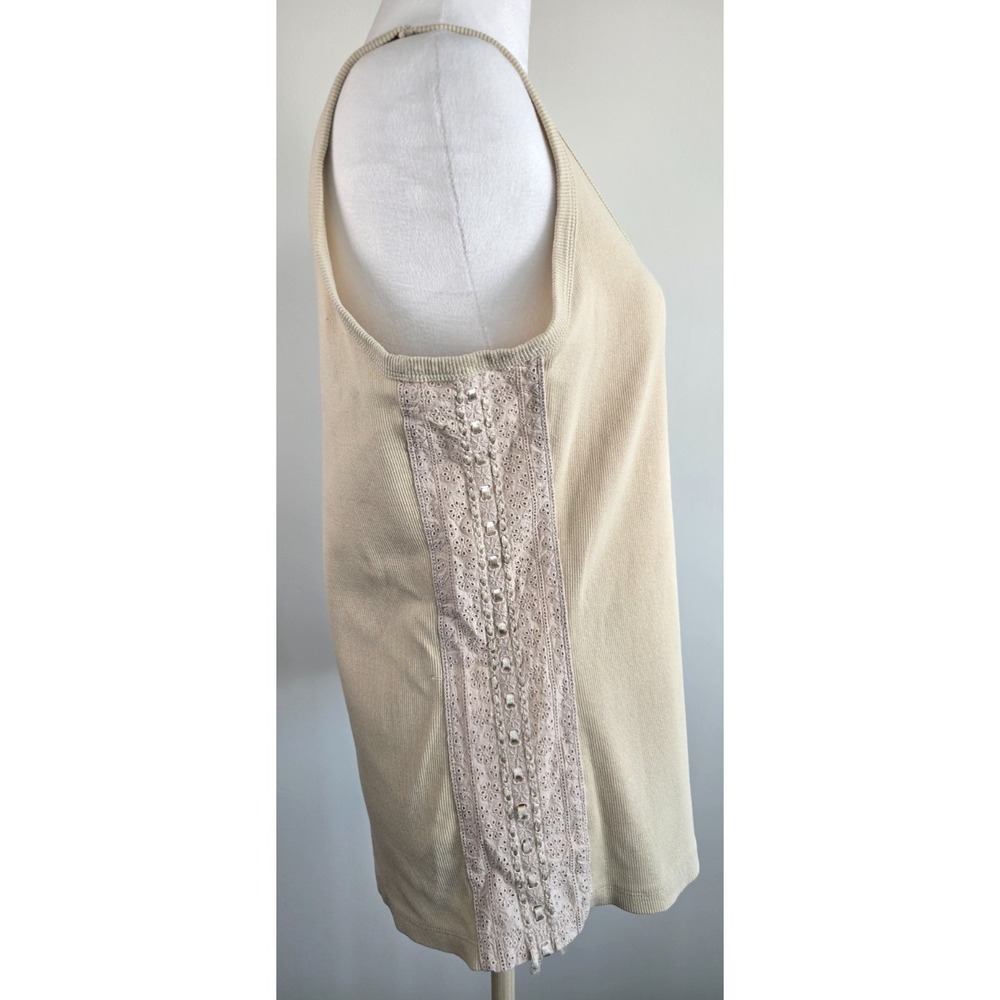 Tribal Lace Tank Top Ribbed Knit Henley Round Neck Pastel Yellow Beige Quiet Lux - Picture 3 of 16